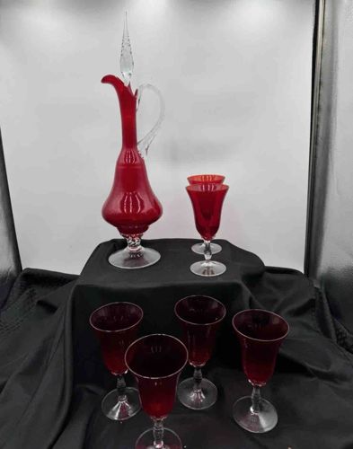Murano Style Hand-Blown Ruby Red and Crystal Glass Decanter Set with Six Cordials