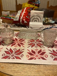 Three-Piece Pressed Glass Tableware Set (Sugar, Creamer, and Covered Butter Dish)
