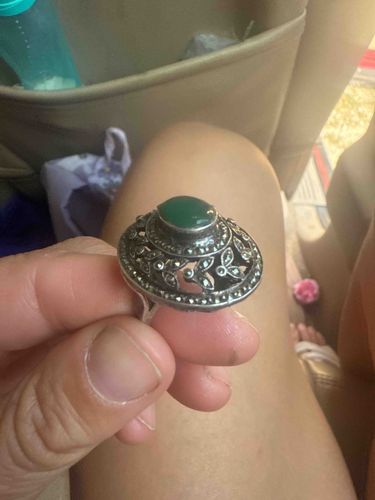Sterling Silver Marcasite Ring with Oval Green Gemstone