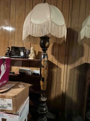 Vintage Wooden Oriental Floor Lamp with Fringed Shade