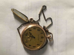 Vintage Gold-Toned Pocket Watch with Fob Chain and Mother-of-Pearl Knife