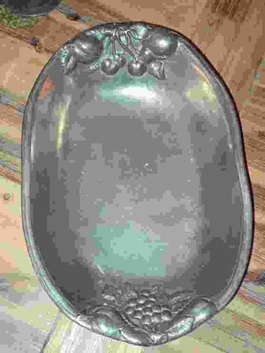 Vintage German Pewter (Zinn) Relief-Decorated Oval Serving Bowl