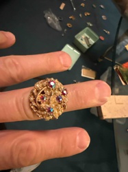 Vintage Gold Tone Ring with Faux Pearls and Iridescent Rhinestones