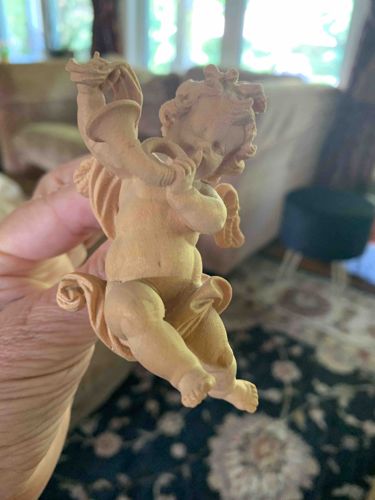 Carved Wooden Cherub Playing Horn