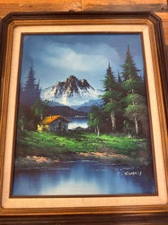 Mountain Landscape Painting with Cabin by C. Summey