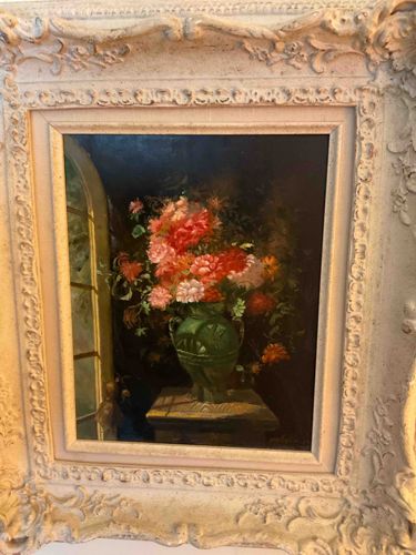 Floral Still Life Oil Painting in Ornate Rococo-Style Frame