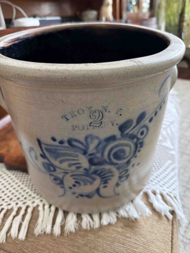 Two-Gallon Cobalt Blue Decorated Troy N.Y. Pottery Salt-Glazed Stoneware Crock