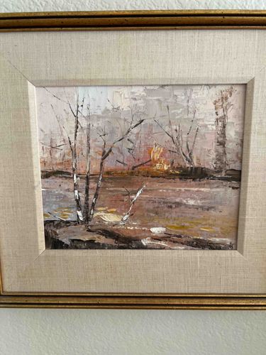 Textured Impasto Landscape Painting of Winter River Scene