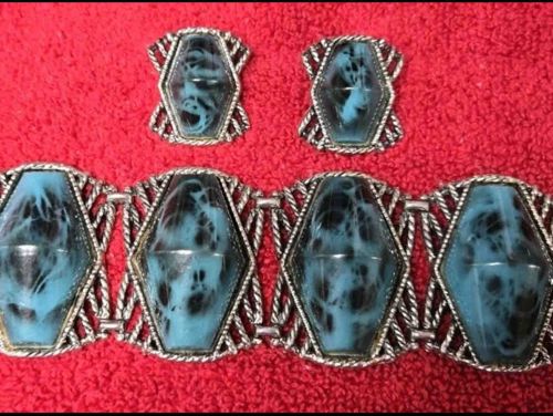 Vintage Turquoise and Black Swirl Cabochon Bracelet and Earring Set