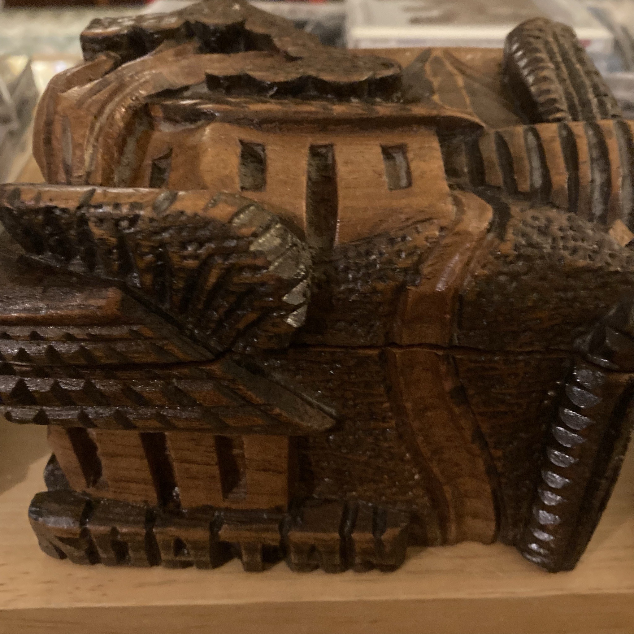 Submitted photo of Hand-Carved Wooden Box with Architectural Relief Depicting a Japanese Pagoda and Bridge