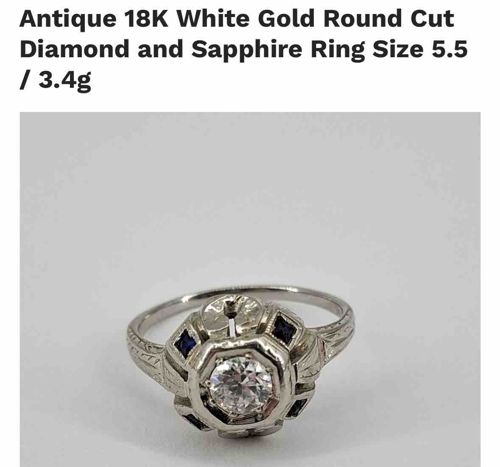 Antique 18K White Gold Round Cut Diamond and Sapphire Ring
