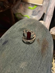 Silver-Tone Split Shank Ring with Red Baguette Stone and Pave Accents
