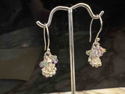 Sterling Silver Amethyst and Emerald Pinecone Earrings