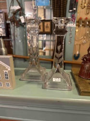 Pair of Etched Clear Glass Candlesticks