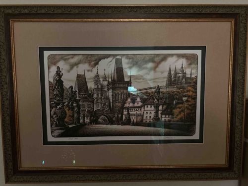 Framed Etching of Charles Bridge, Prague