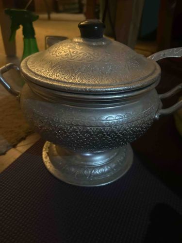Embossed Metal Pot with Lid and Stand