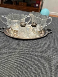 Vintage Etched Glass Creamer, Sugar Bowl, Salt & Pepper Shakers with Silver-Plated Tray