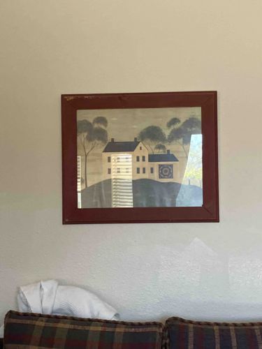 Folk Art Style Landscape Lithograph with Farmhouse and Quilt Motif