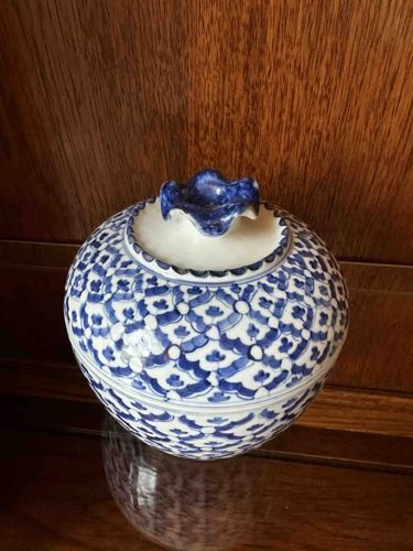Thai Benjarong or Blue and White Ceramic Jar with Lid