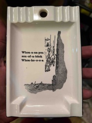 Humorous Ceramic Ashtray with Cliff-Falling Illustration