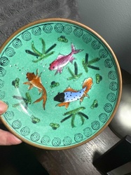 Enamel or Cloisonné Decorative Plate with Aquatic Scene