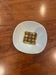 White Ceramic Trinket Dish with Checkerboard Brass Insert
