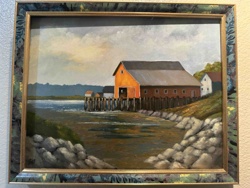 Seascape Painting with Red Barn and Wharf