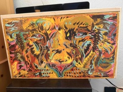 Abstract Lion Face Painting on Wood Panel