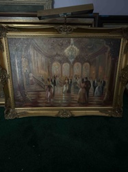 Opulent Ballroom Scene Painting with Gilded Frame