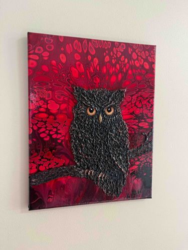 Textured Owl on Fluid Art (11x14 Mixed Media)