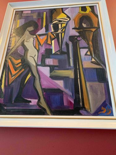 Cubist Style Oil Painting of Female Nude with Abstract Forms