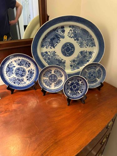 Collection of Chinese Export Canton Blue and White Porcelain Platters and Plates