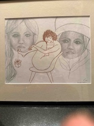 Mixed Media Drawing: 'Three Women and a Gift'