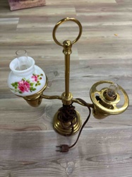 Vintage Brass Dual-Arm Accent Lamp with Floral Milk Glass Shade