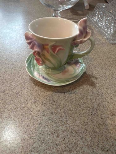 Relief Decorated Floral Teacup and Saucer Set