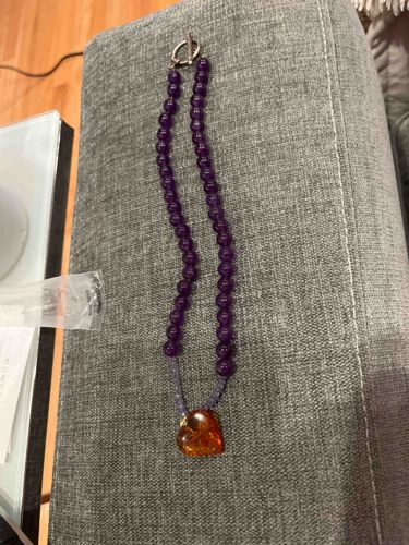 Amethyst Beaded Necklace with Amber Heart Pendant
