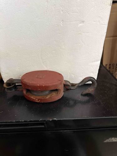 Vintage Industrial Single-Sheave Cast Iron Pulley with Hook