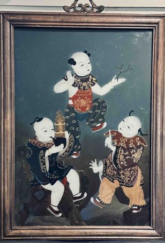Chinese Reverse Glass Painting of Three Boys (Hundred Children Motif)