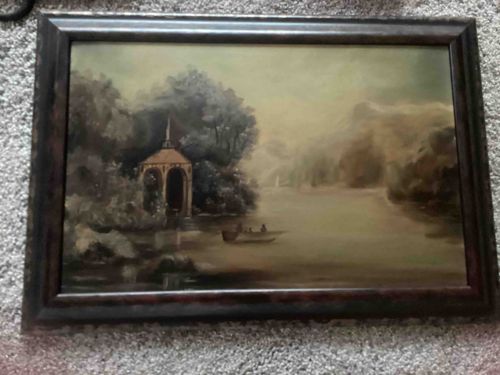 Framed Romantic Landscape with Gazebo and Boaters