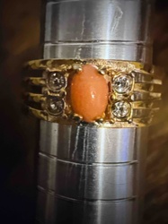 Avon Gold Tone Ring with Faux Coral and Rhinestones