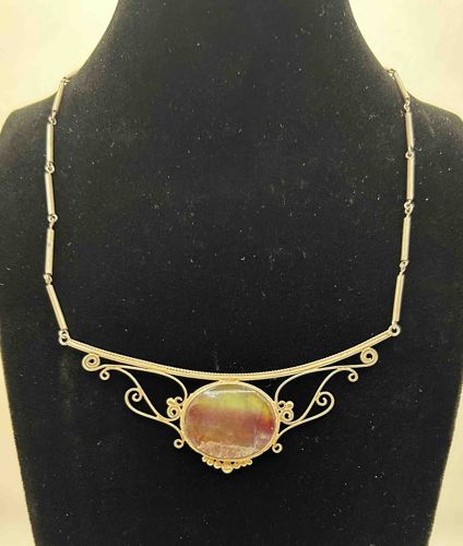 Sterling Silver Necklace with Oval Multicolored Stone Pendant