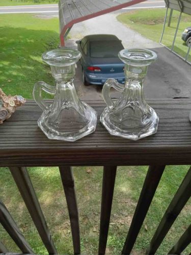 Pair of Vintage Pressed Glass Candlesticks with Handles