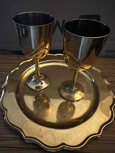 Set of Two Lacquered Brass Goblets with Scalloped Tray