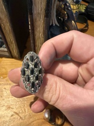 Marquise-Shaped Black Gemstone and Marcasite Ring