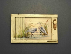 Paige DeBell Heron Painting on Architectural Shutter Salvage