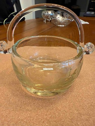 Clear Glass Basket Bowl with Floral Etching