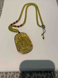 Yellow Resin/Amber-like Deity Pendant Necklace with Green and Red Beads