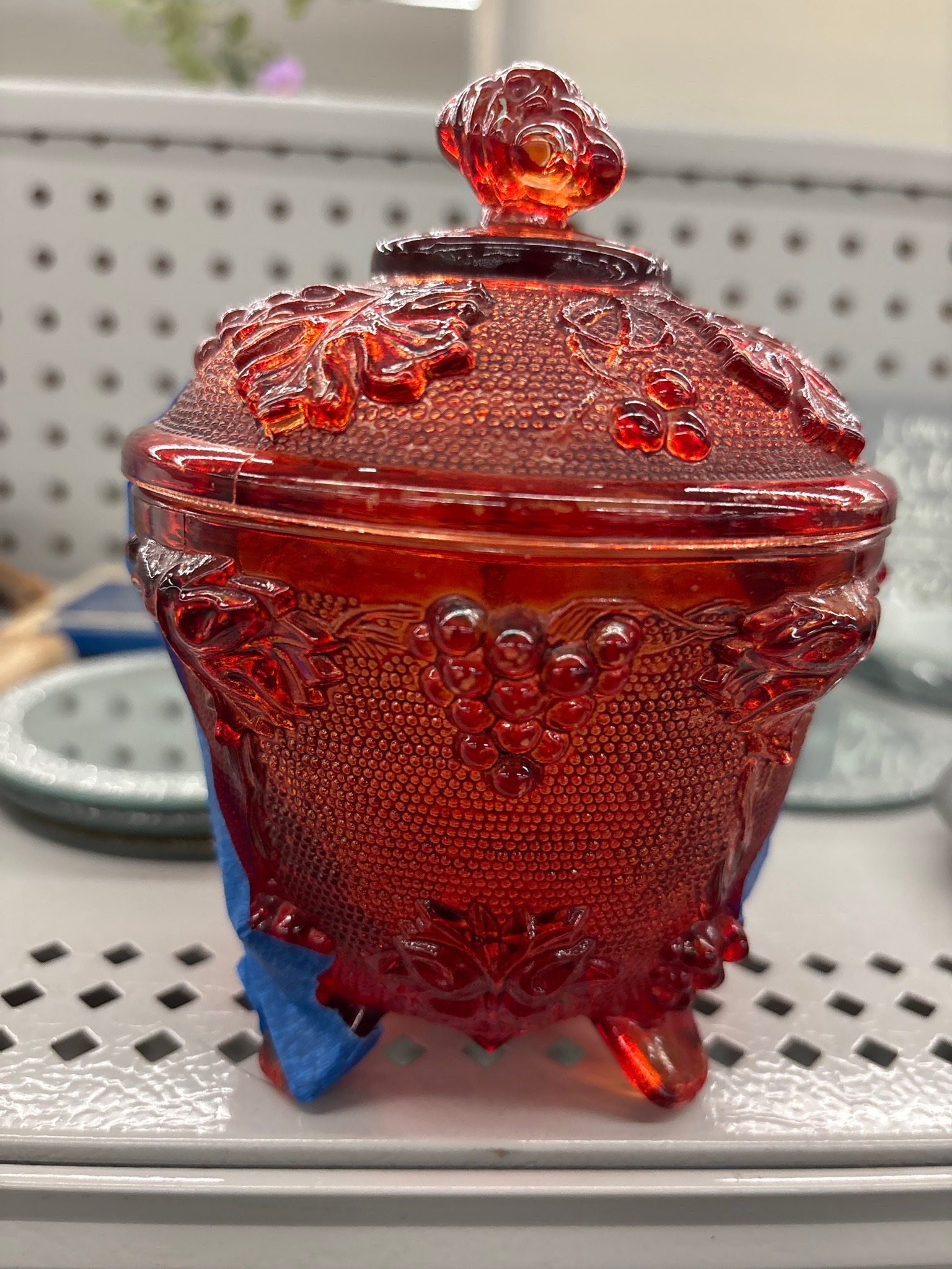 Submitted photo of Red glass footed candy dish with lid