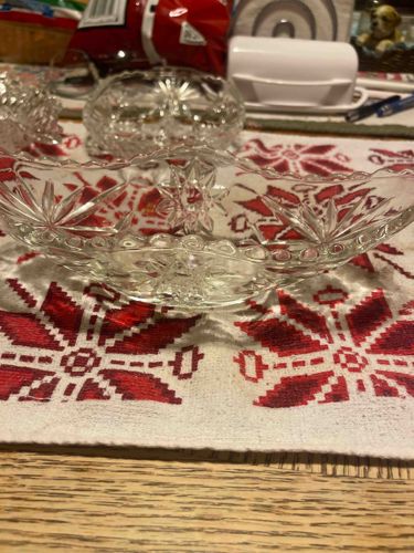 Clear Pressed Glass Divided Relish Dish with Starburst and Button Pattern