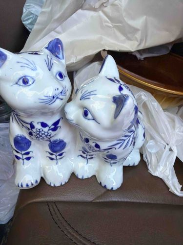 Vintage Blue and White Calico Porcelain Cat Figurines